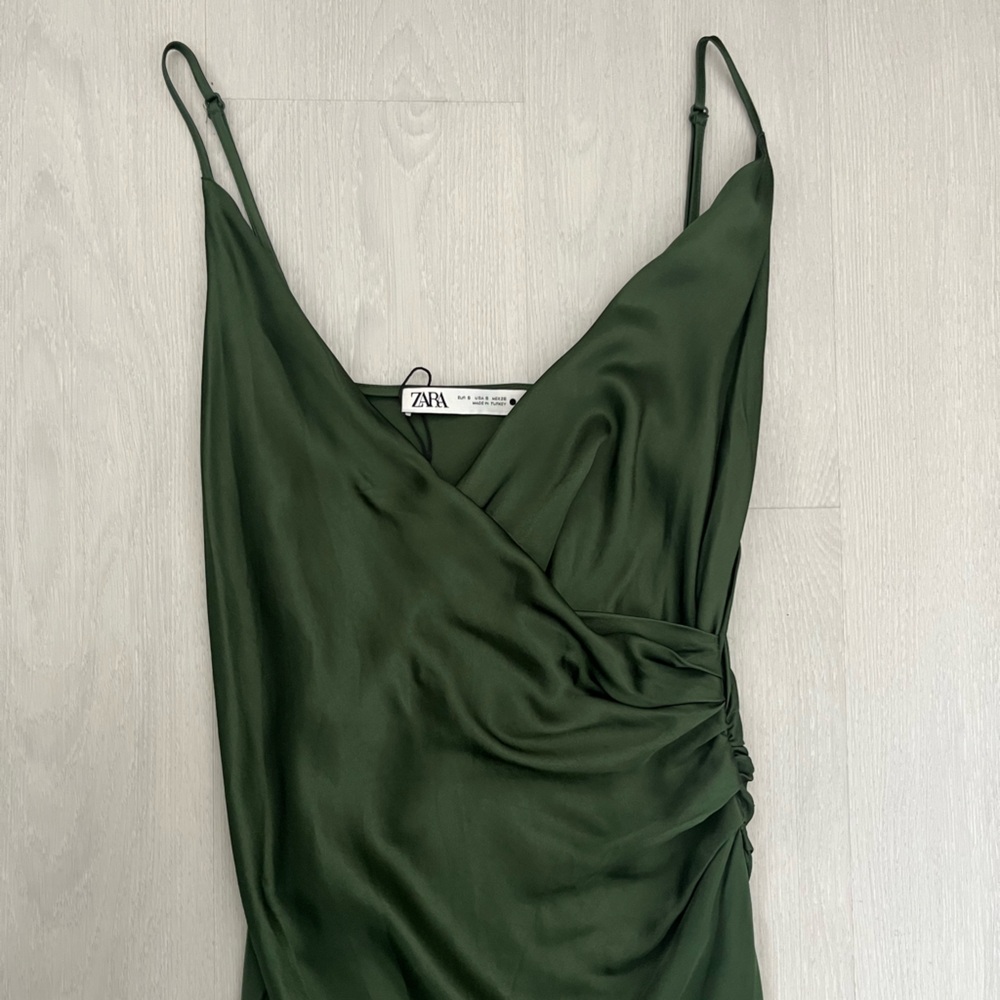 Zara Forest Green faux wrap midi slip dress